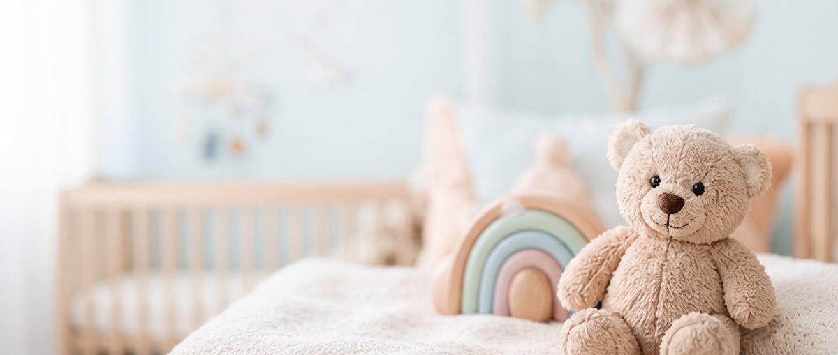 Orsetto di peluche e arcobaleno in legno in una cameretta